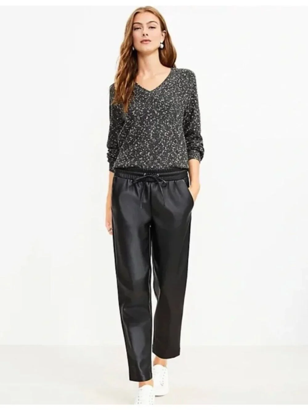 LOFT‎ Faux Leather Pull On Ankle Pants Black Pockets Size S Cropped Drawstring